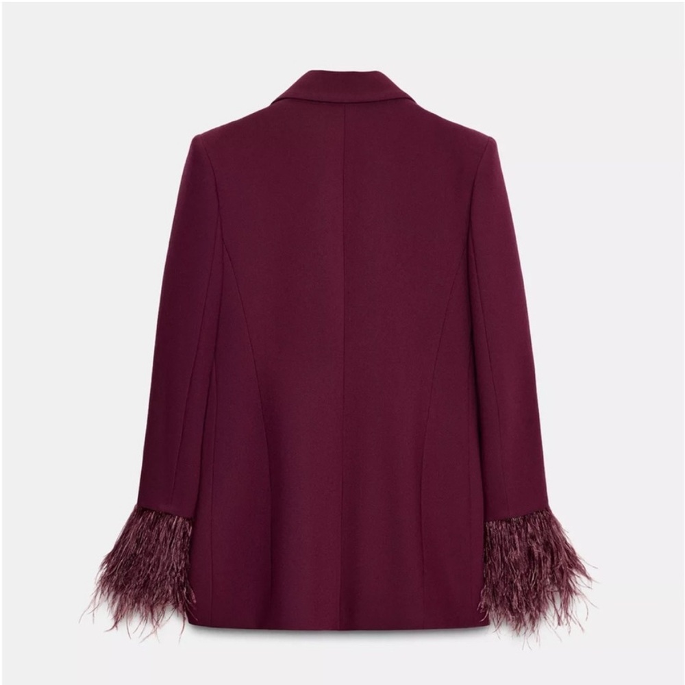 Zara Burgundy Blazer with Feather Cuffs NWOT - Picture 2 of 5